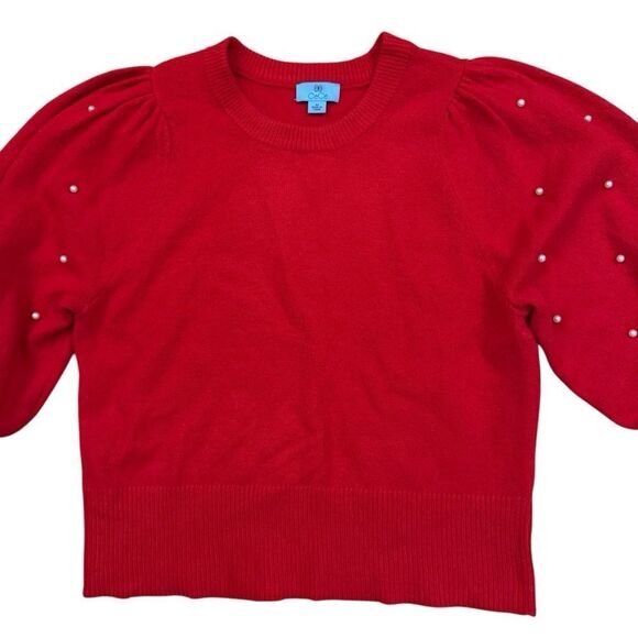 CeCe Women's Embellished-Sleeve Pearl Crewneck Sweater in Bright Cherry - Medium - Picture 4 of 8